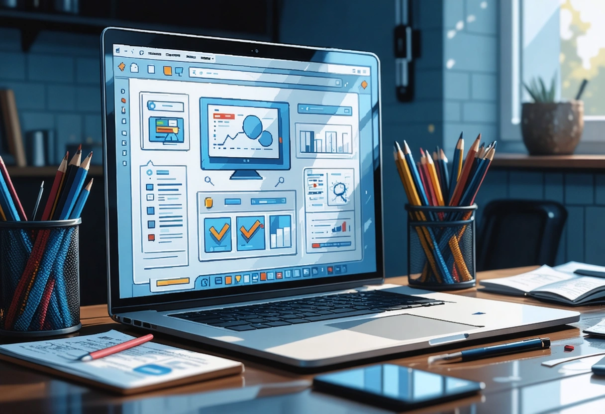 Laptop screen displaying website wireframe with SEO notes, mobile preview, and performance indicators