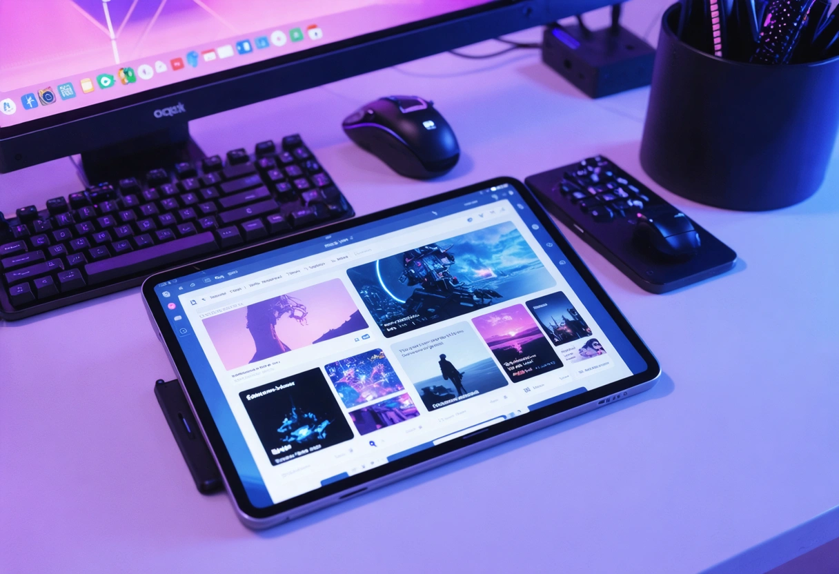 Creative professional designs Facebook ad visuals on tablet in stylish, warmly lit workspace