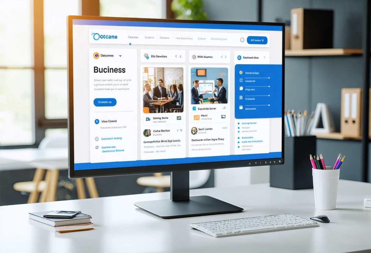 Desktop monitor showing business website with structured content, readable fonts, and highlighted SEO keywords