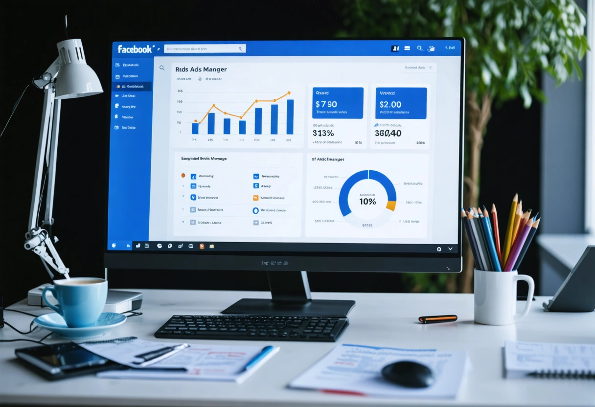 Digital marketer reviews Facebook Ads Manager dashboard on monitor with notes and coffee nearby