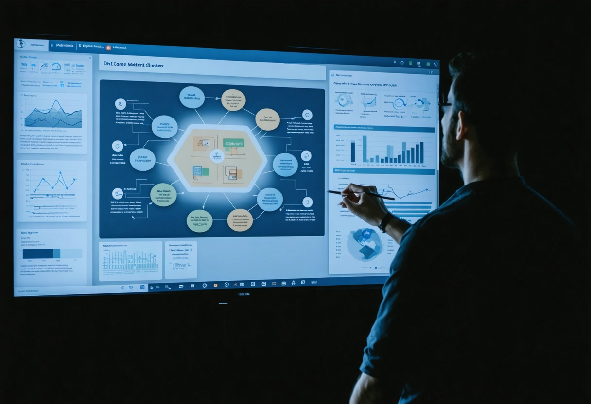Flowchart illustrating interconnected topic cluster pages supporting a central pillar page on SEO strategy