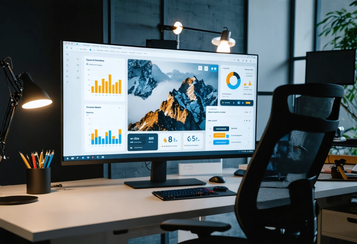 Designer and SEO specialist collaborating at computer with website layout and analytics dashboard displayed.