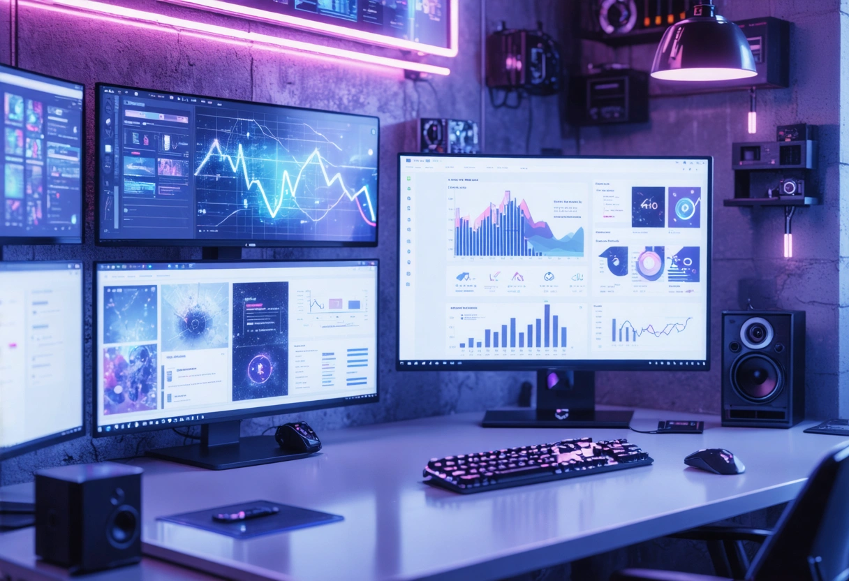 Portfolio wall with monitors showing before-and-after website designs and improved SEO metrics, designer pointing