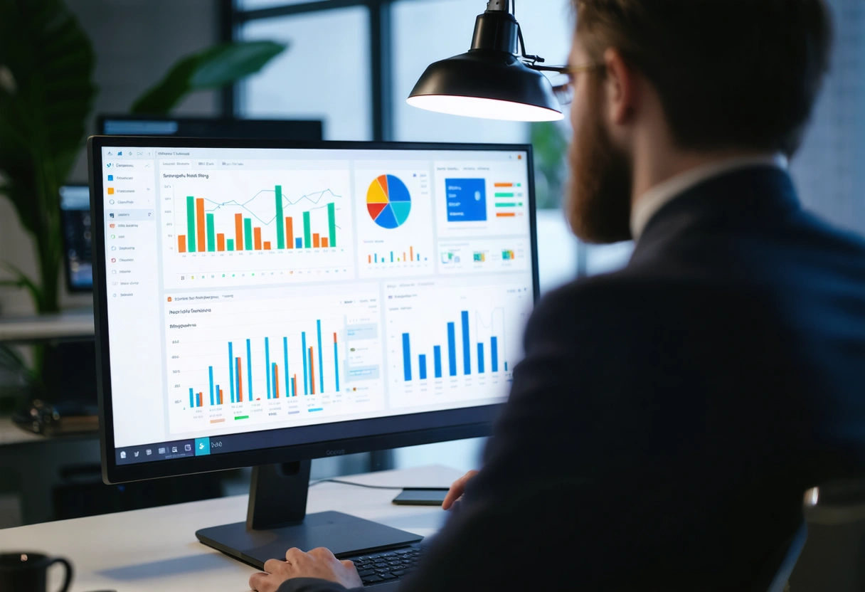 A business analyst reviewing Google Analytics dashboard on a computer, with graphs and metrics visible,