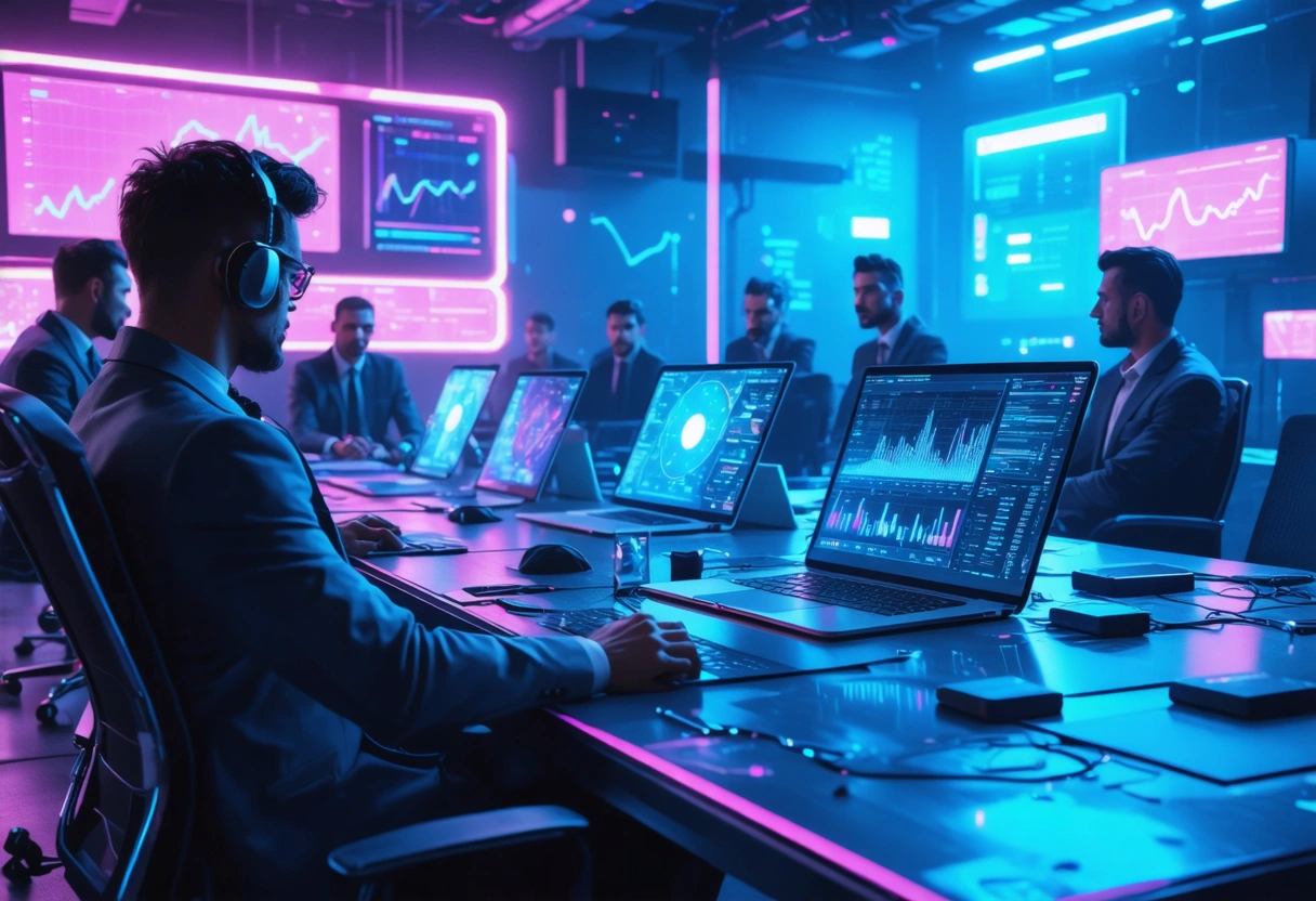 Executives discuss hosting decisions with analytics dashboards.