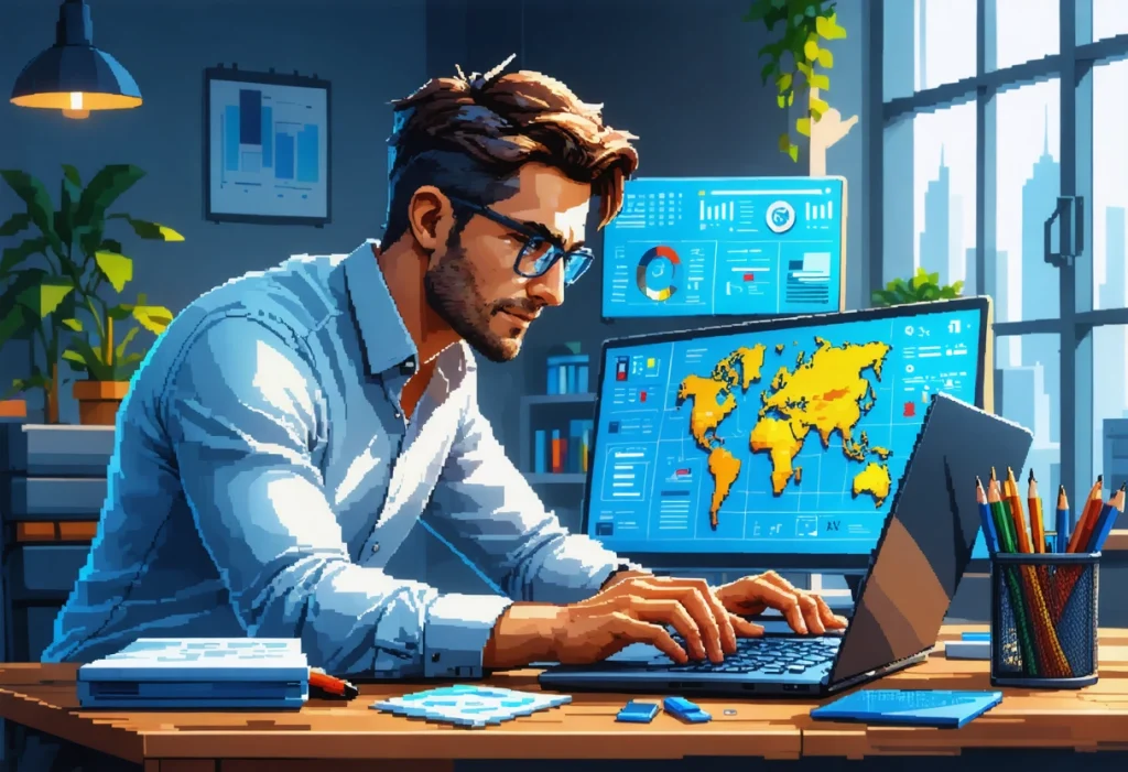 Business owner analyzing digital map and SEO charts in a modern, well-lit office.