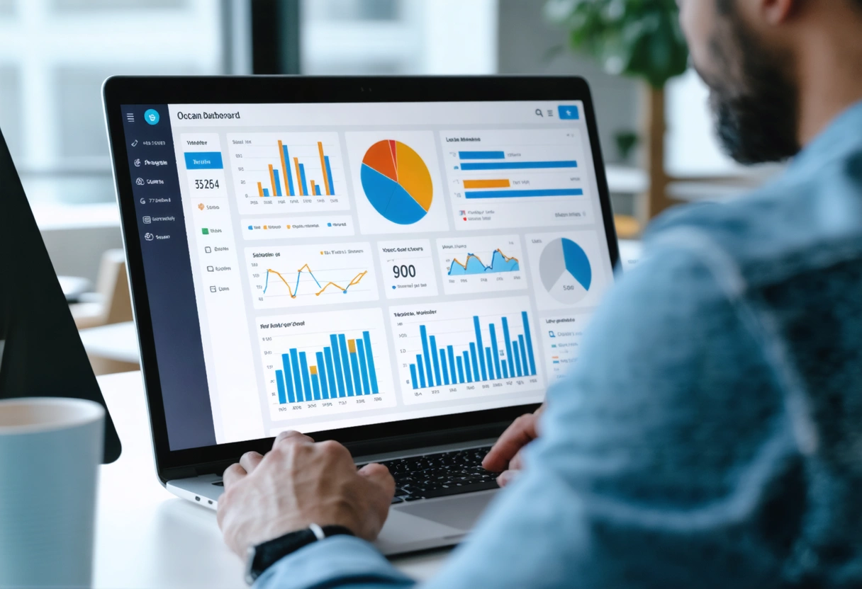 Business owner analyzing local SEO dashboard on laptop in modern, well-lit office.
