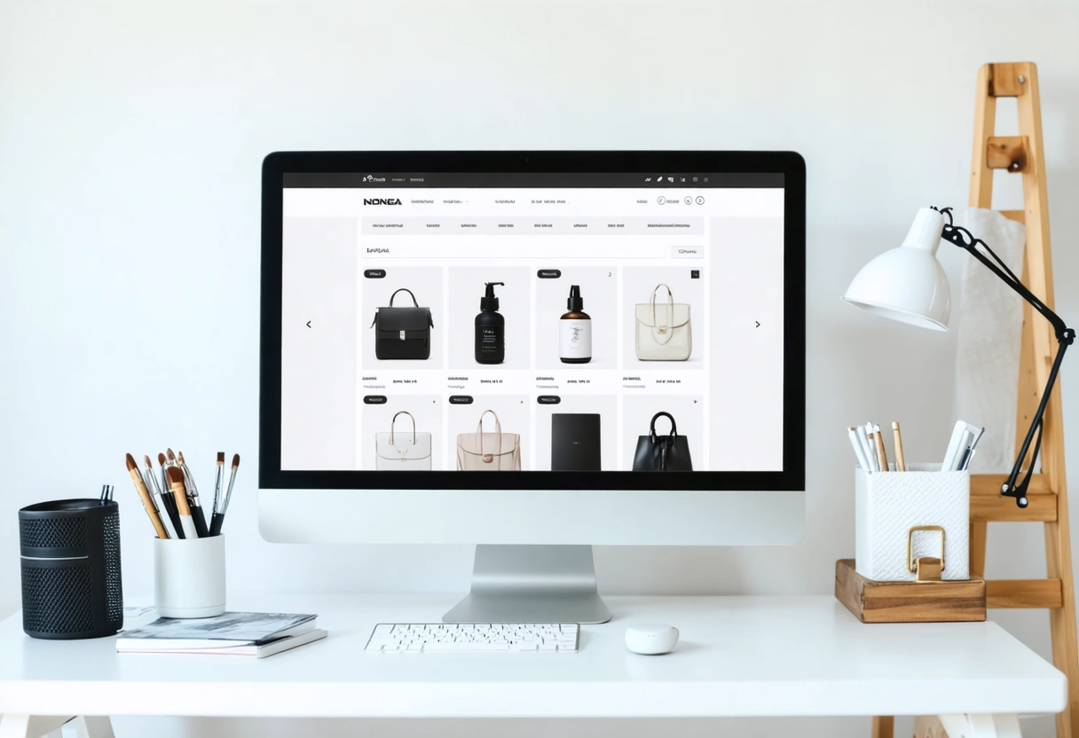 Desktop screen showing organized WooCommerce site with clear categories and search.