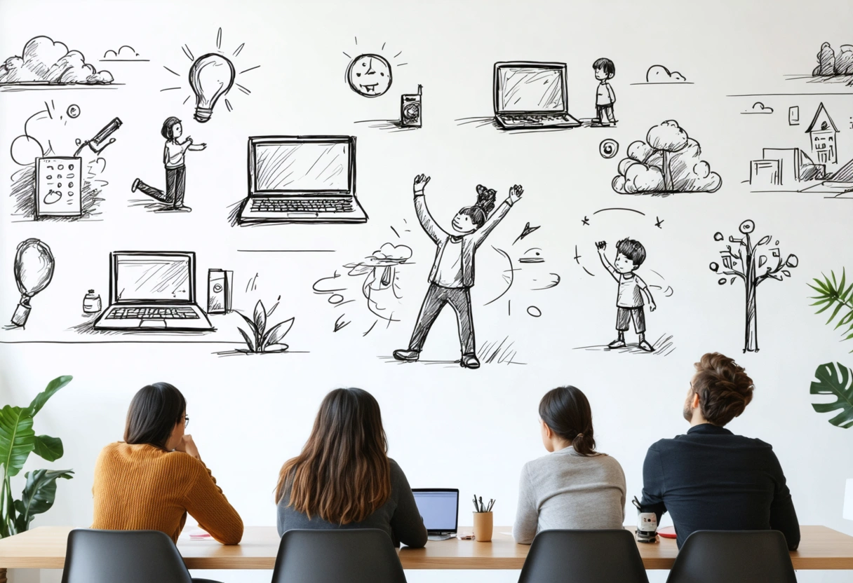 A creative team brainstorming in a bright meeting room, sketching social media content ideas on