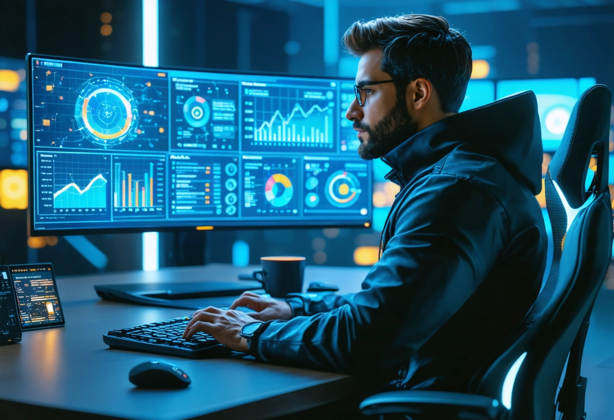 Cybersecurity expert analyzing security metrics on a digital dashboard in a modern office.