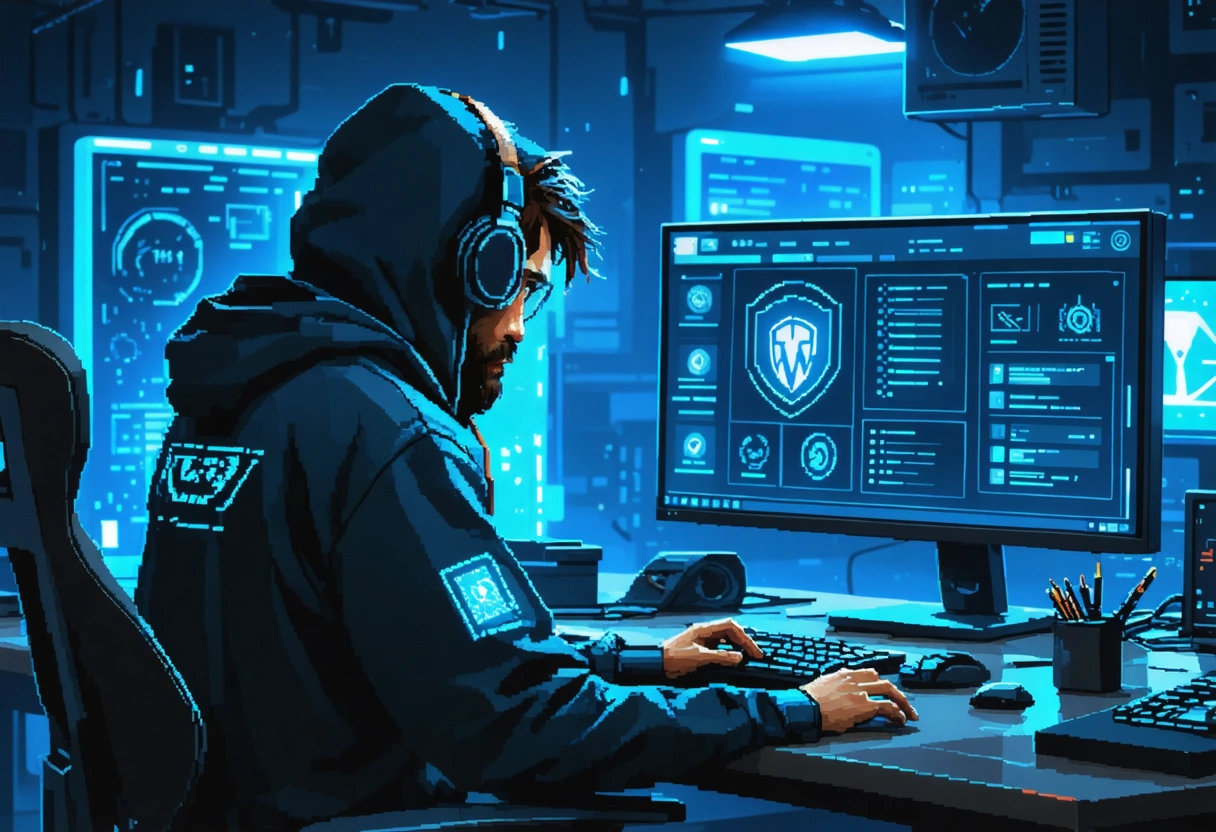 A cybersecurity expert in a tech lab, focused on a computer screen displaying WordPress security