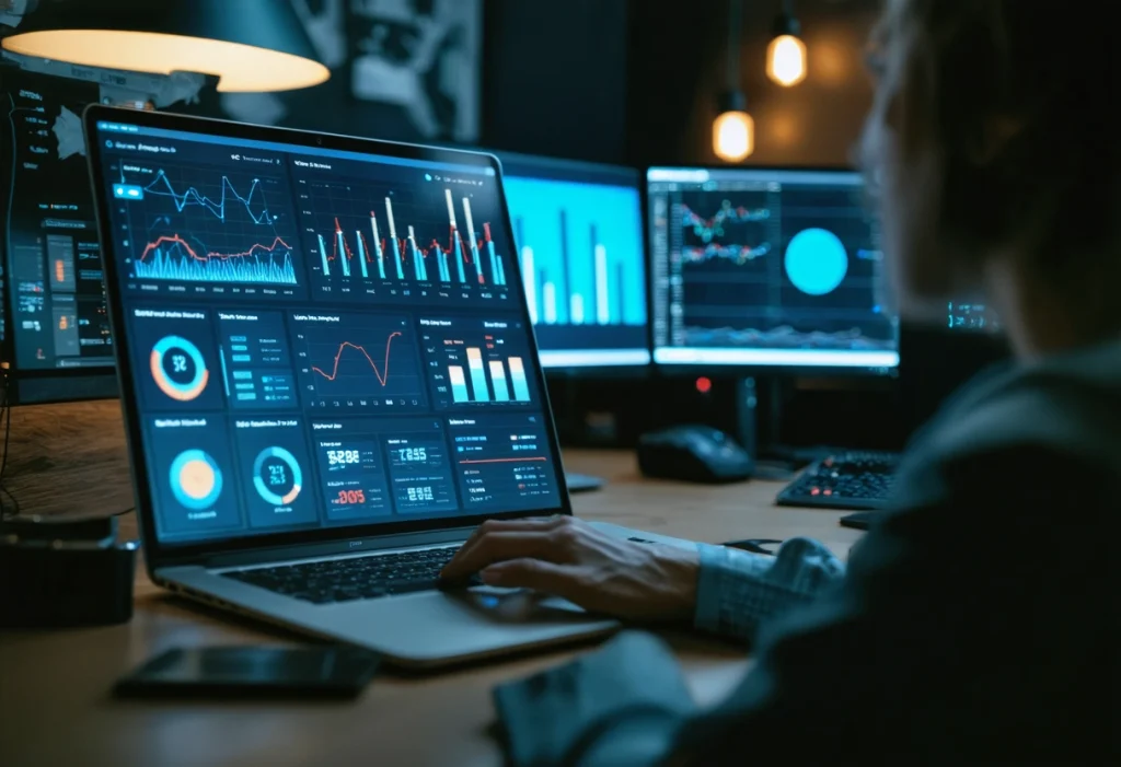 cPanel interface on laptop in modern office, displaying graphs and stats, professional setting.