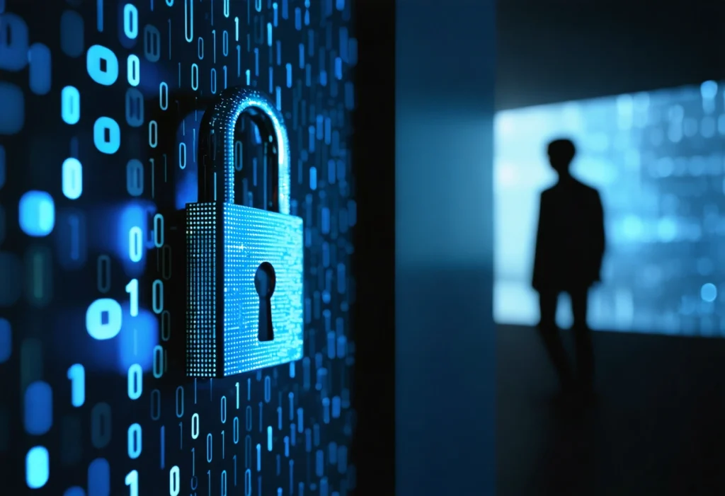 Digital lock and binary code backdrop highlighting data security against cyber threats.