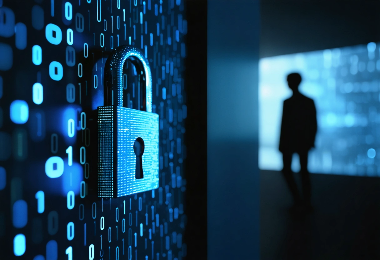Digital lock and binary code backdrop highlighting data security against cyber threats.