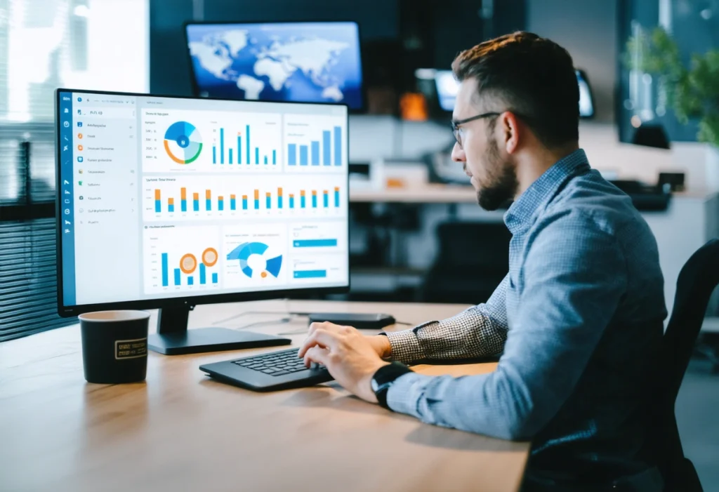 Digital marketer analyzing social media analytics on laptop in modern office, surrounded by charts.