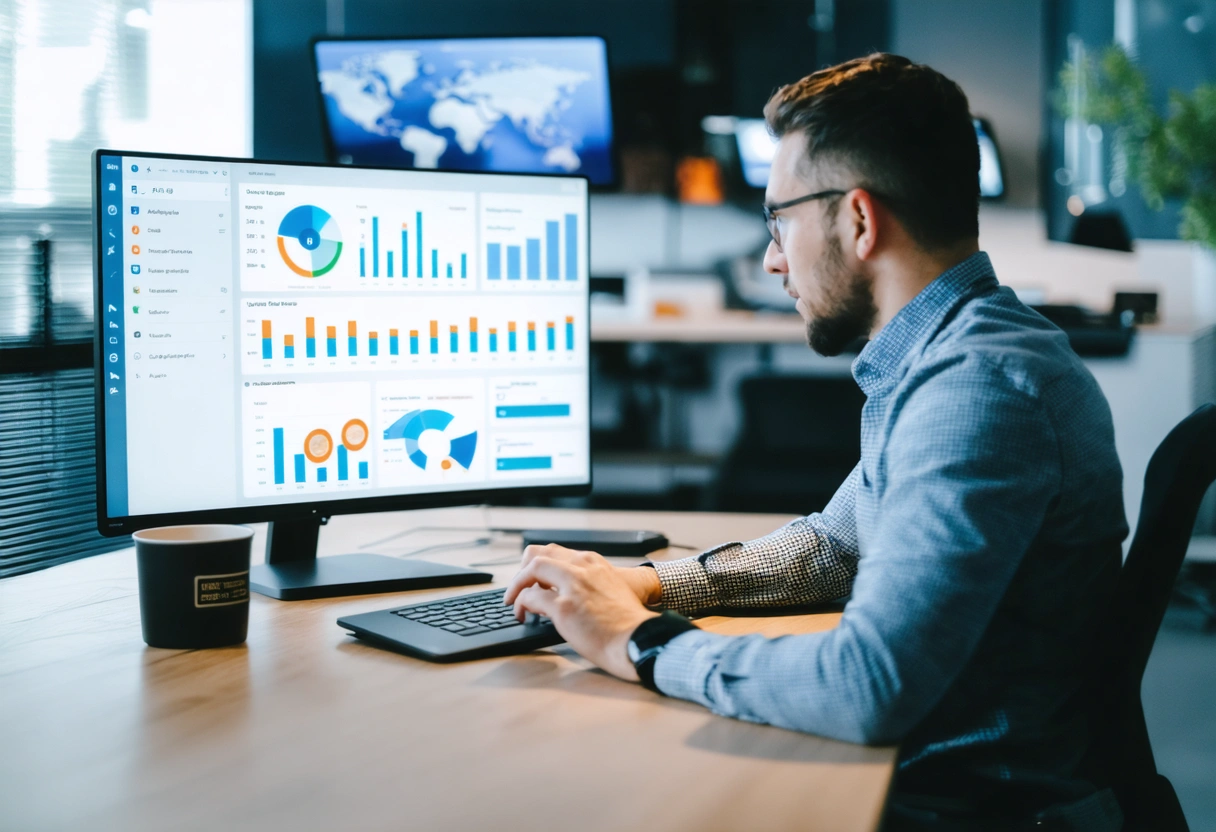 Digital marketer analyzing social media analytics on laptop in modern office, surrounded by charts.