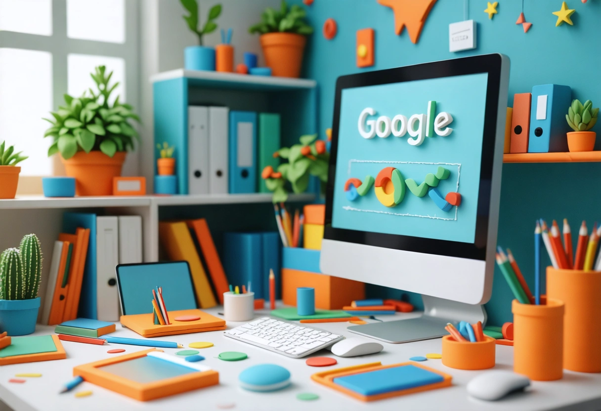 A digital marketer in an office setting, using a computer with Google Ads dashboard open,