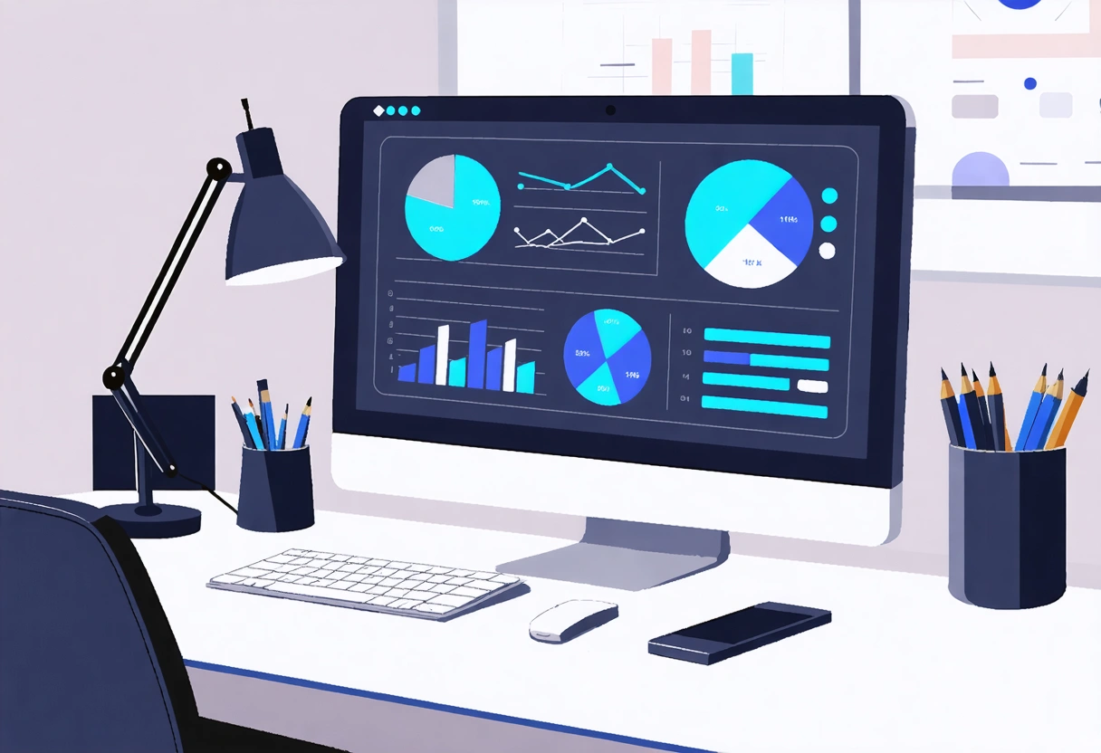 A digital marketer viewing a citation management tool on a desktop screen, with backlink analytics