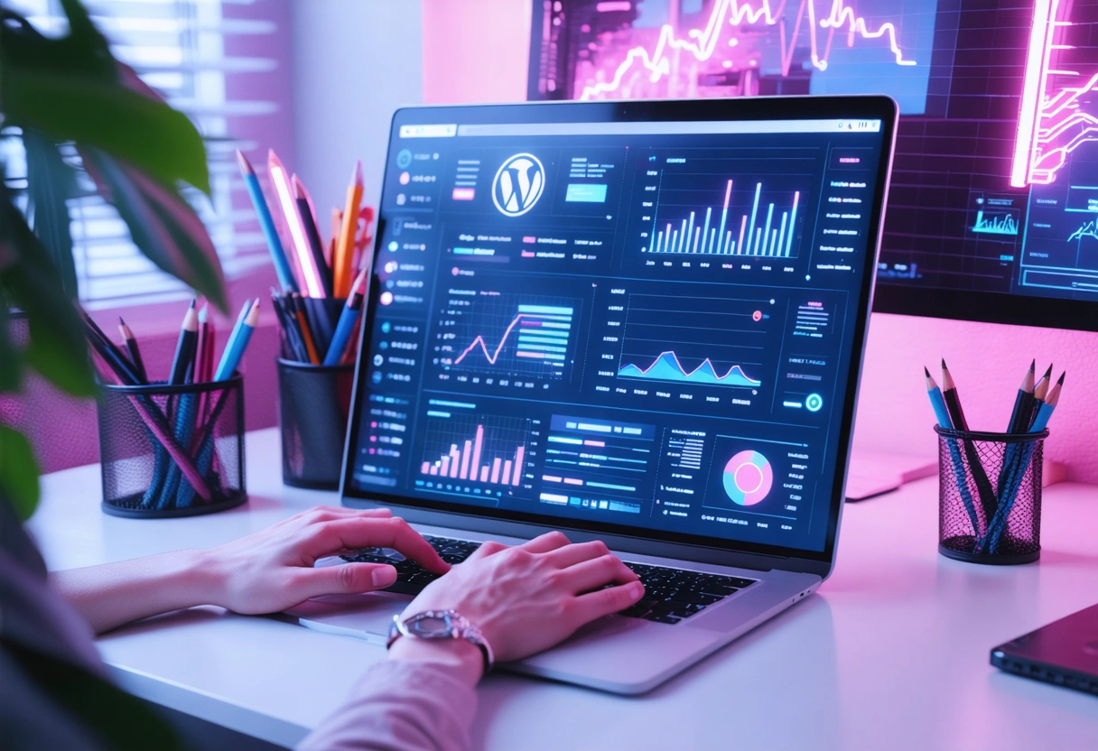 A digital marketing strategist in a bright office, working on a WordPress site on a