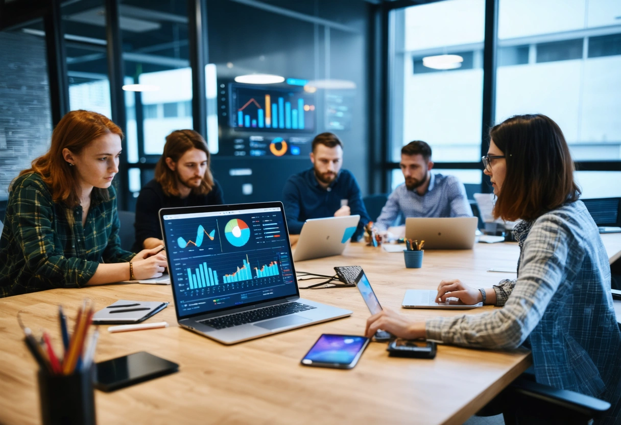 Digital marketing team analyzing SEO dashboards on laptops in a modern, collaborative office.