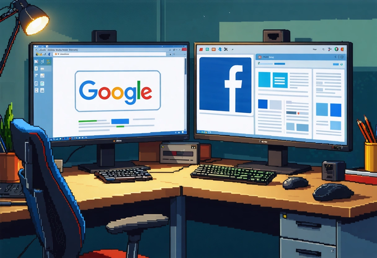 A digital strategist at a desk, comparing Google and Facebook Ads on dual monitors, warm