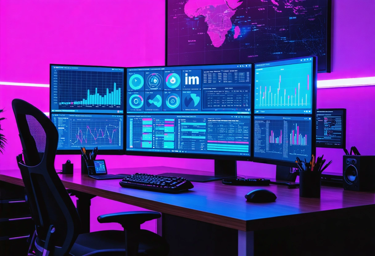 A dynamic social media strategist at a desk, multiple screens displaying social media dashboards, vibrant