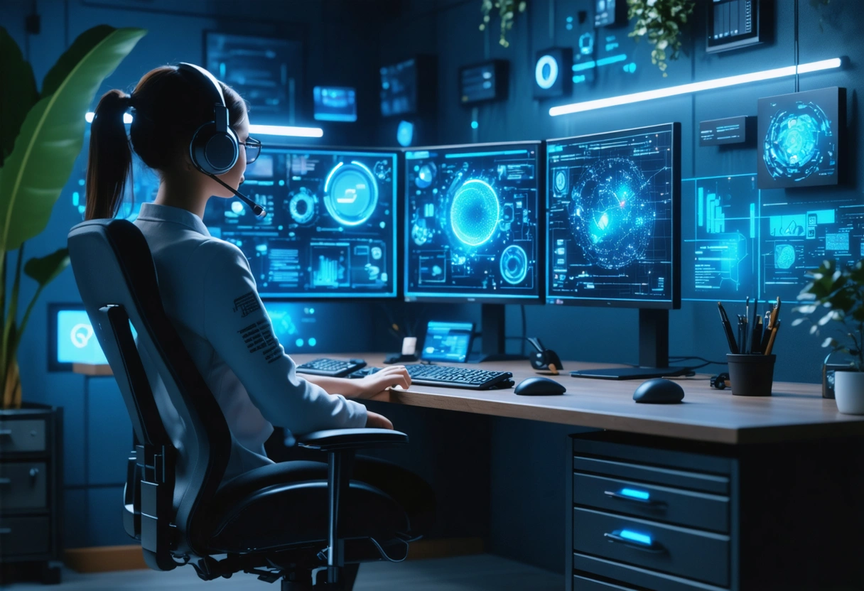 A futuristic workspace with a person using voice-activated devices for SEO tasks, screens showing AI-driven