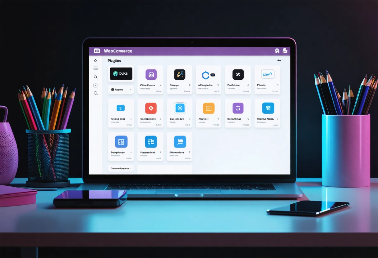 Laptop displaying WooCommerce plugins dashboard with various store enhancement options.