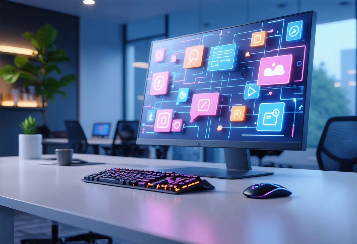 A marketer creating a social media ad campaign on a computer, vibrant graphics on the