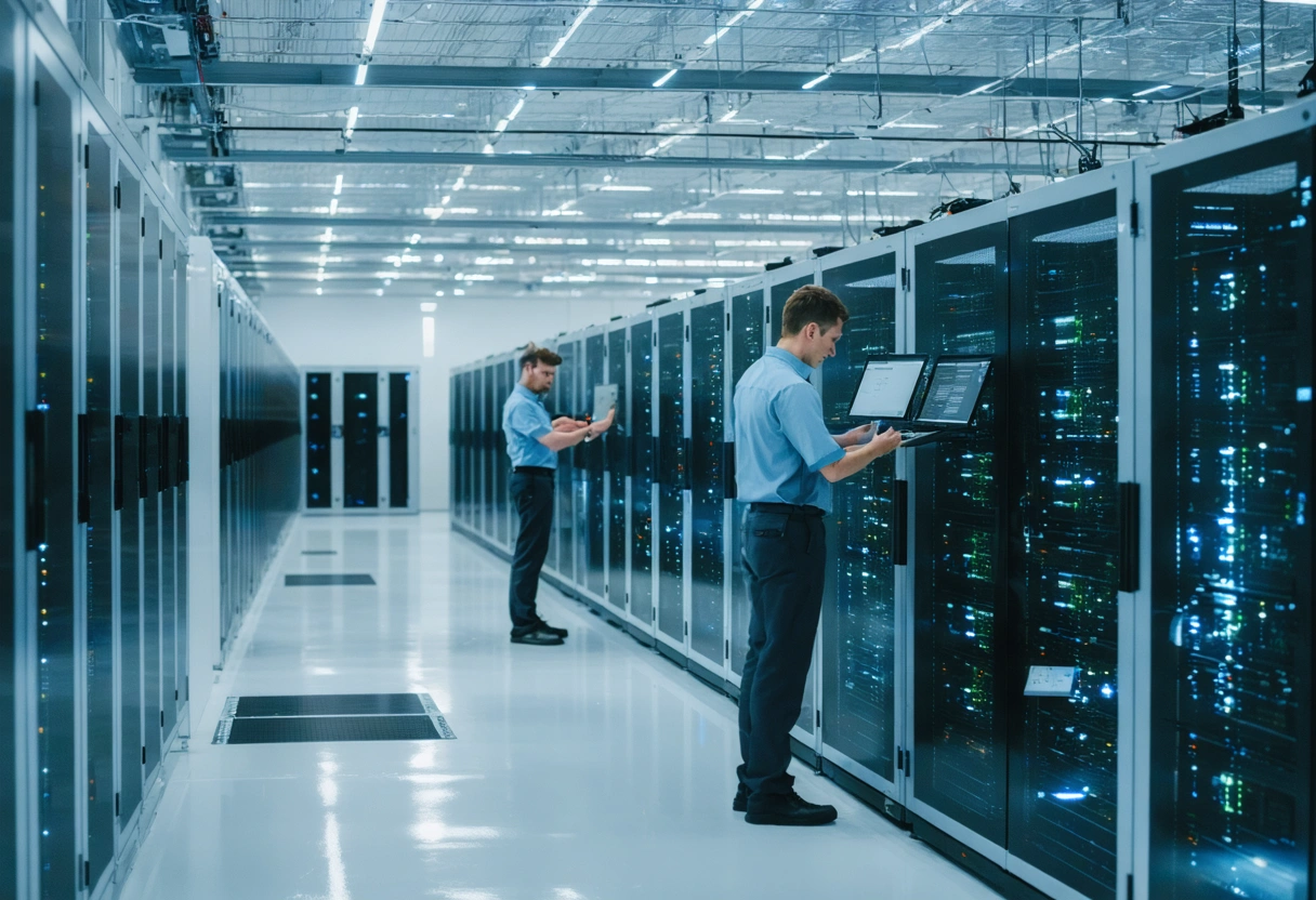Technicians monitor servers in solar-powered data center.