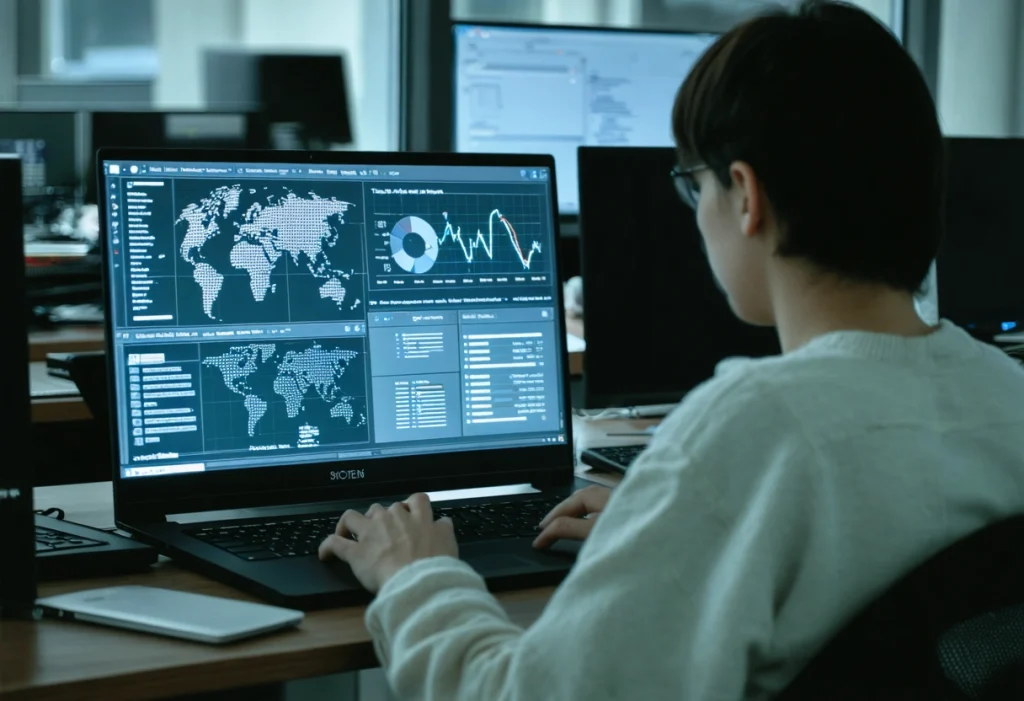 Person analyzing SEO data on a laptop in a modern office with algorithm screens.