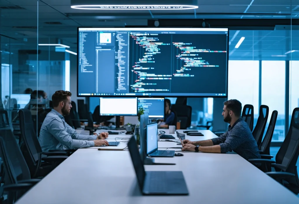 Developers collaborating on custom software in a modern, innovative office setting, 2025.