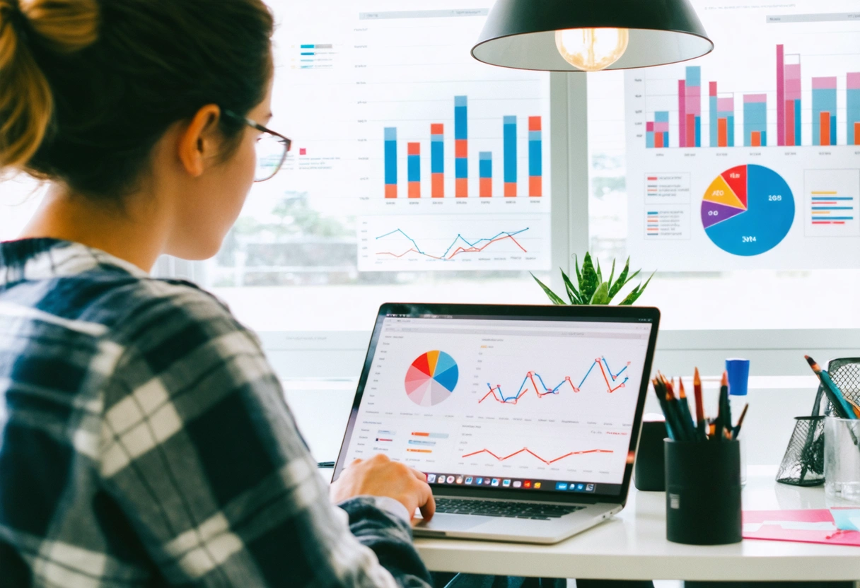 Person analyzing e-commerce analytics on laptop with surrounding charts and graphs.