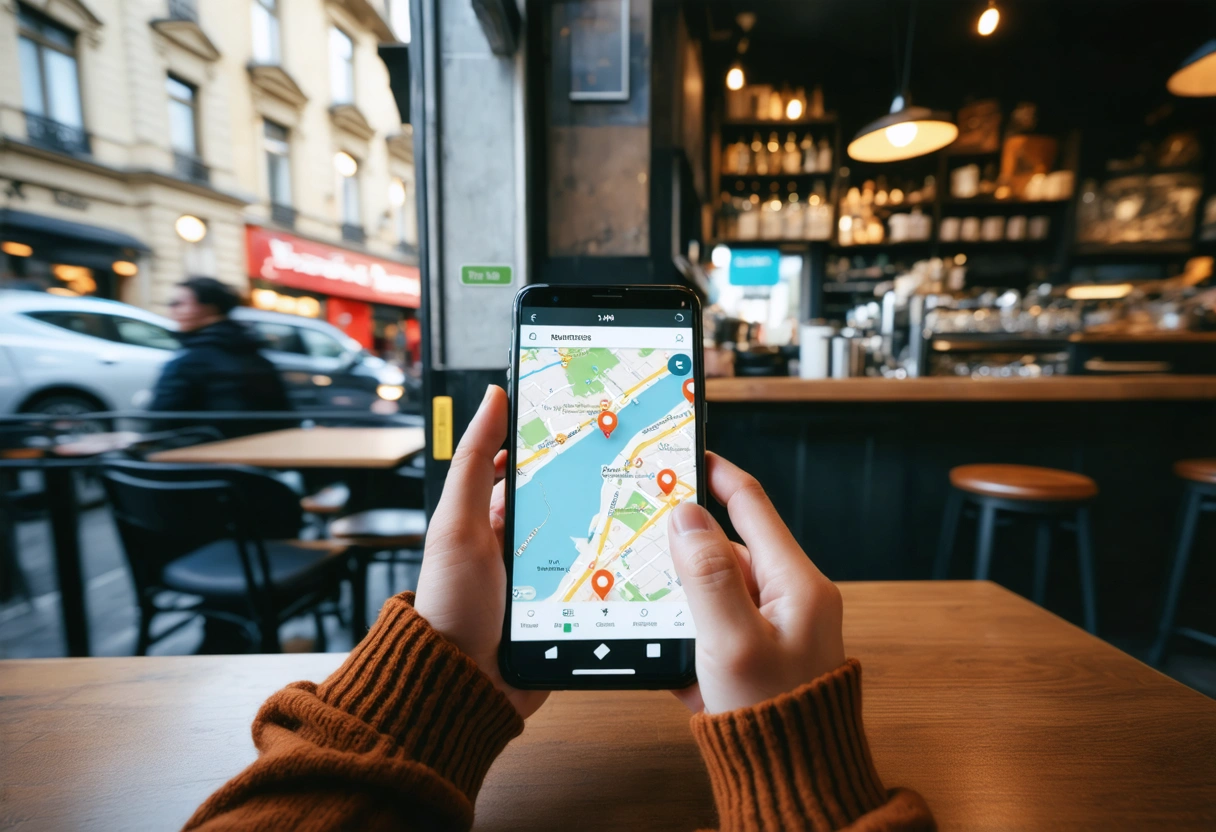 A person using a smartphone with a map app open, showing location pins, in a