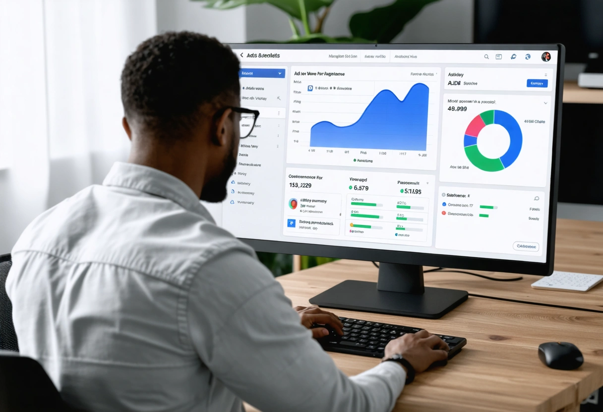 A professional reviewing Facebook Ads on a desktop, UI screens displaying analytics and ad performance,