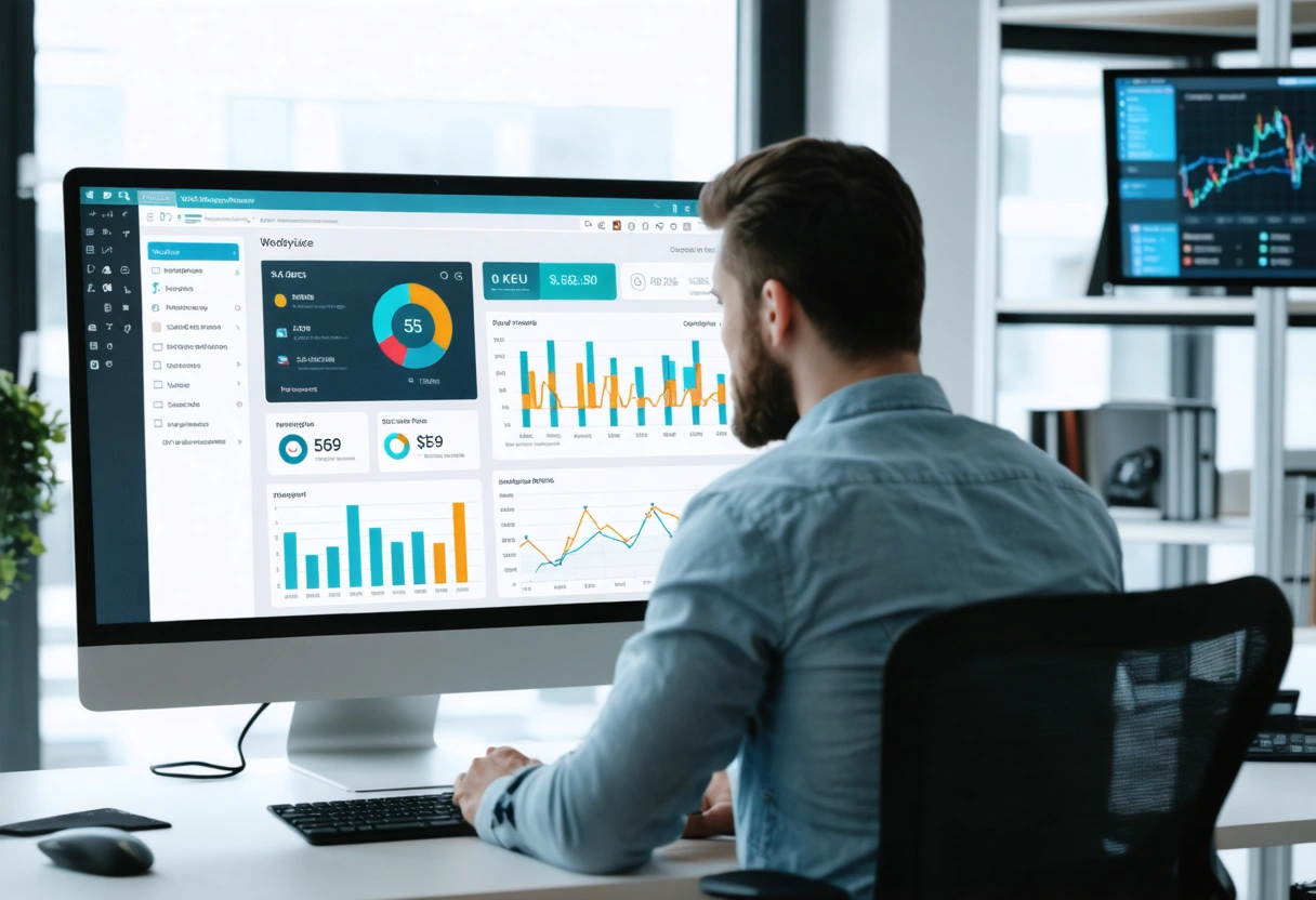 A professional web designer in an office setting, analyzing a WordPress site on a large