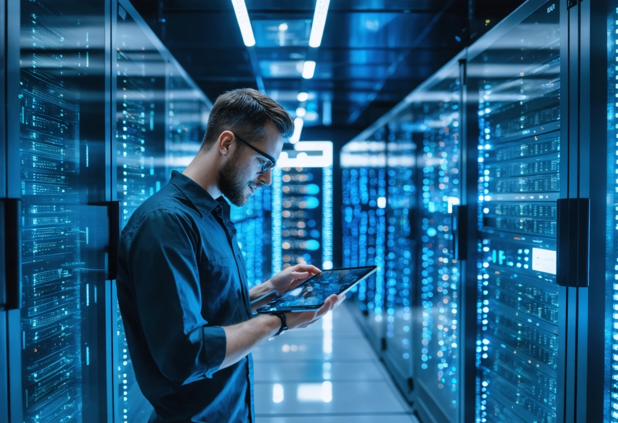 Technician checks performance metrics on tablet in server room.