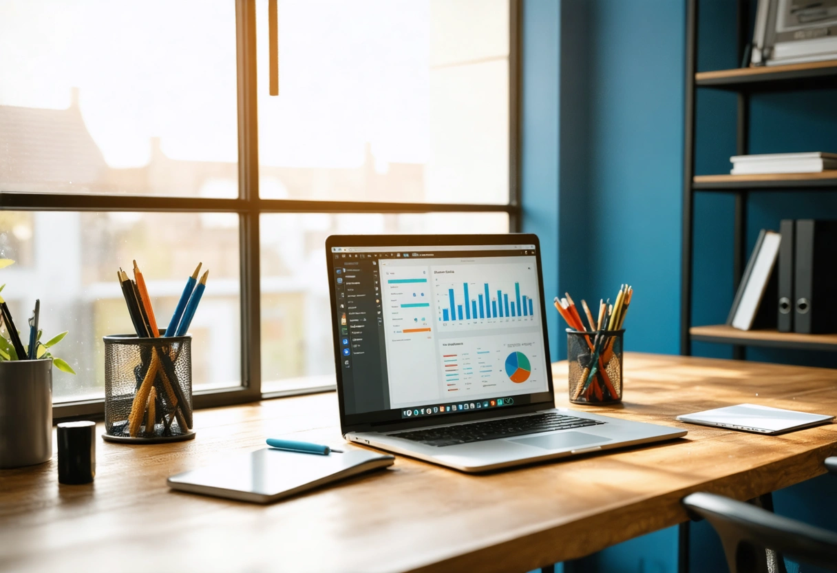 Small business owner using WordPress dashboard, exploring plugins and SEO tools in a sunlit office.