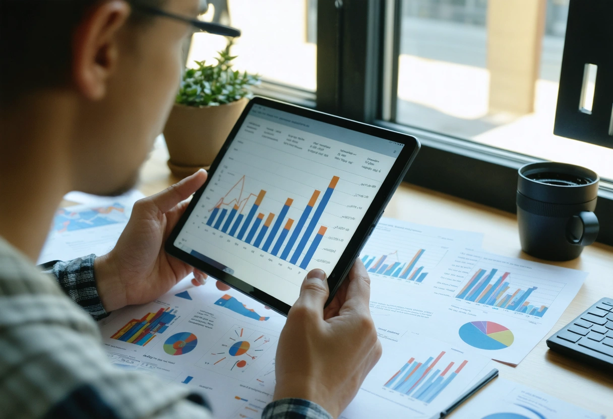 A social media analyst tracking trends on a tablet, surrounded by trend graphs and charts,