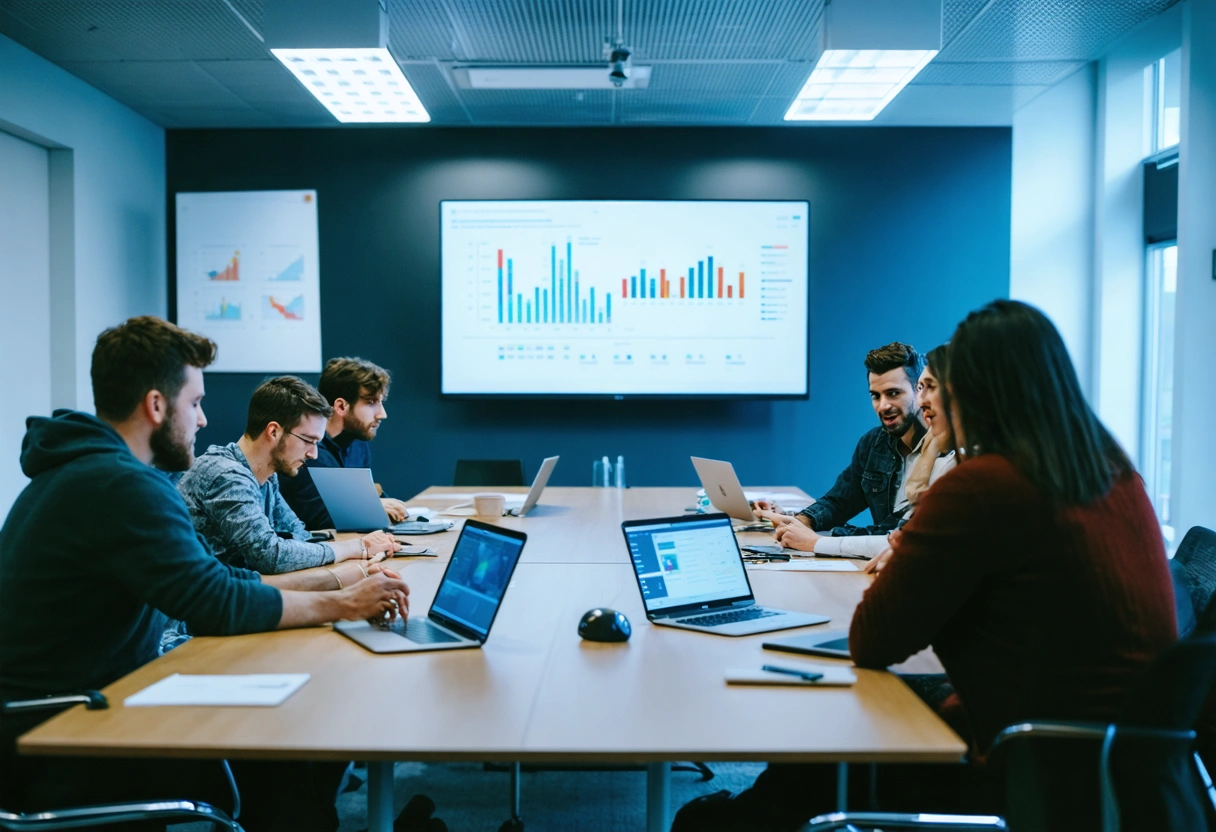 A team in a conference room discussing algorithm changes, laptops open with analytics, soft overhead