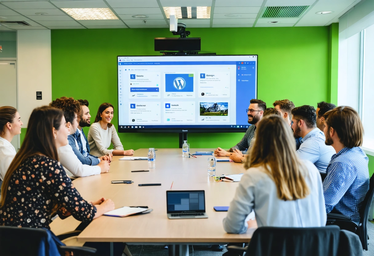 A training session in a conference room, staff gathered around a large screen displaying WordPress