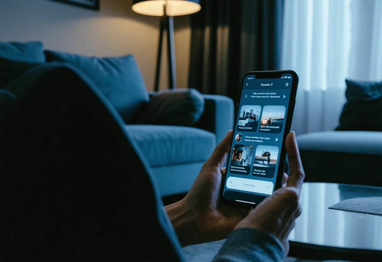 A user interacting with a voice assistant device, with a smartphone showing voice search results,