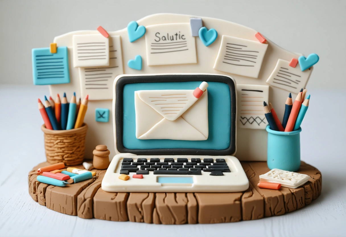 A writer at a desk with a laptop displaying a blog editor, surrounded by notes