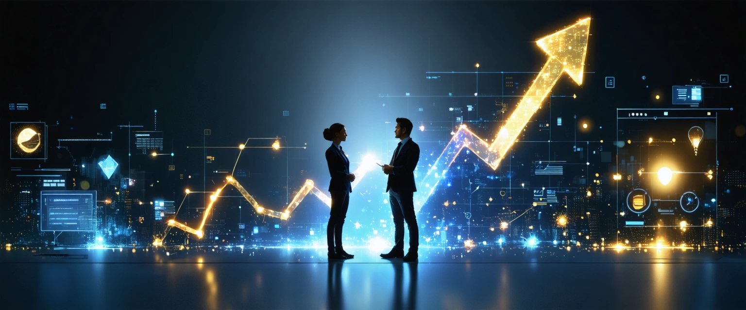 Dynamic digital art of a small business owner and a marketing partner on the left side, standing in front of glowing