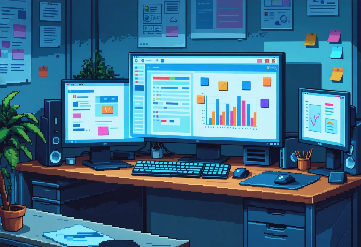 Marketers analyzing keywords on dual monitors with sticky notes and charts