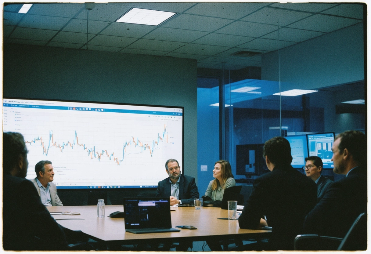 SEO experts in conference room discussing algorithm changes with trend screens