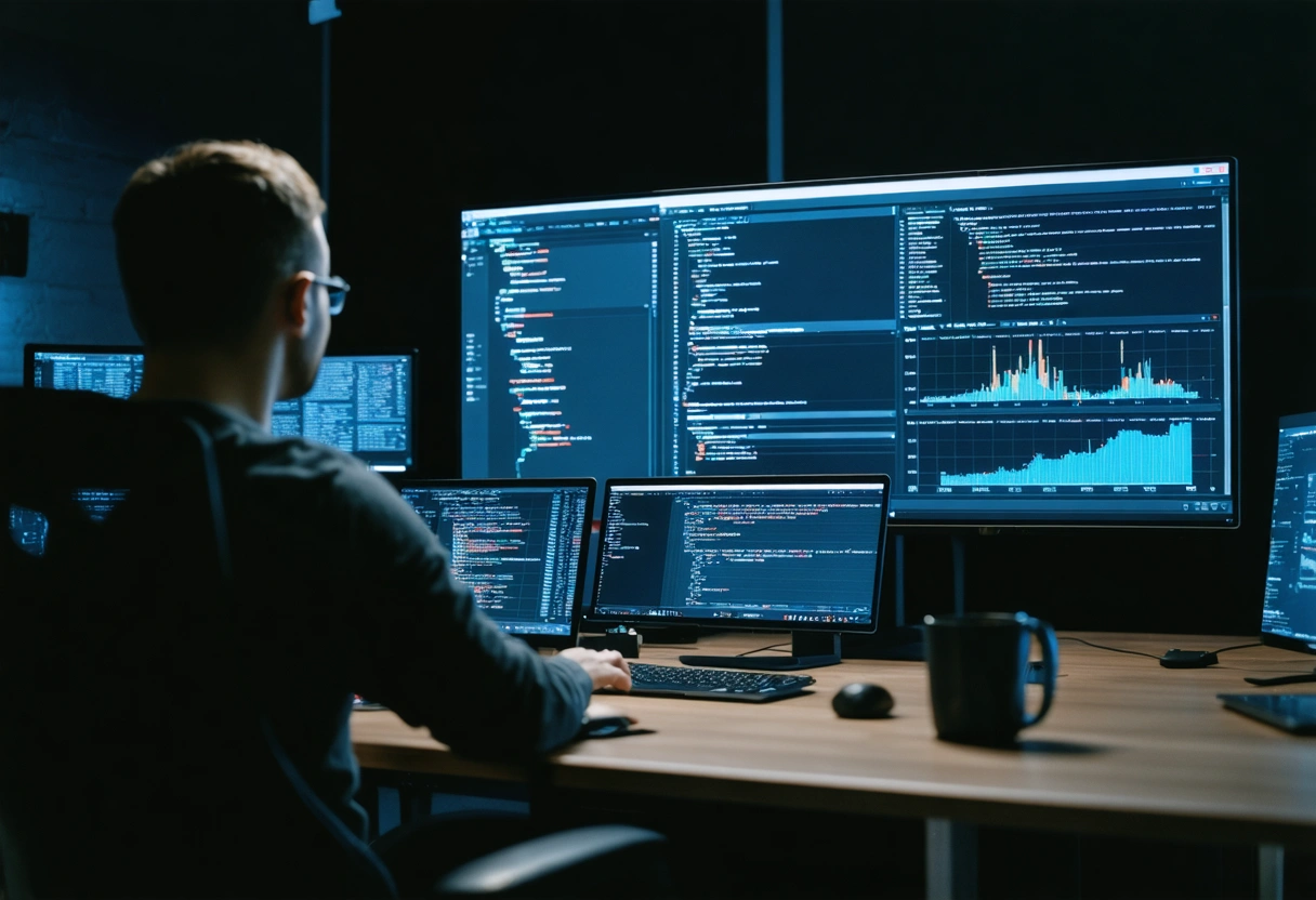 Web developers enhancing technical SEO with code and performance graphs