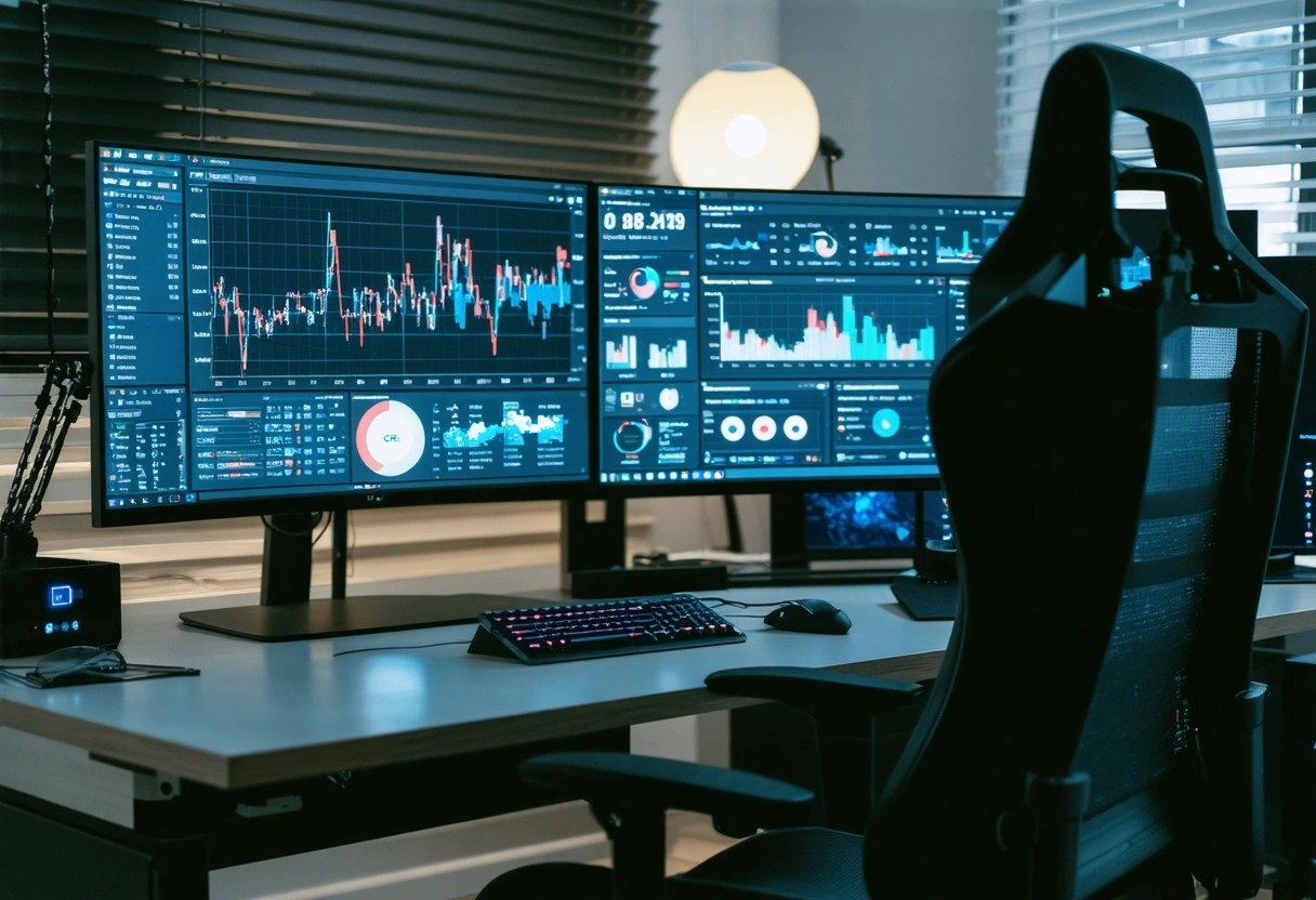 A B2B marketing analyst in a high-tech office reviewing GA4's attribution models on a dual-monitor