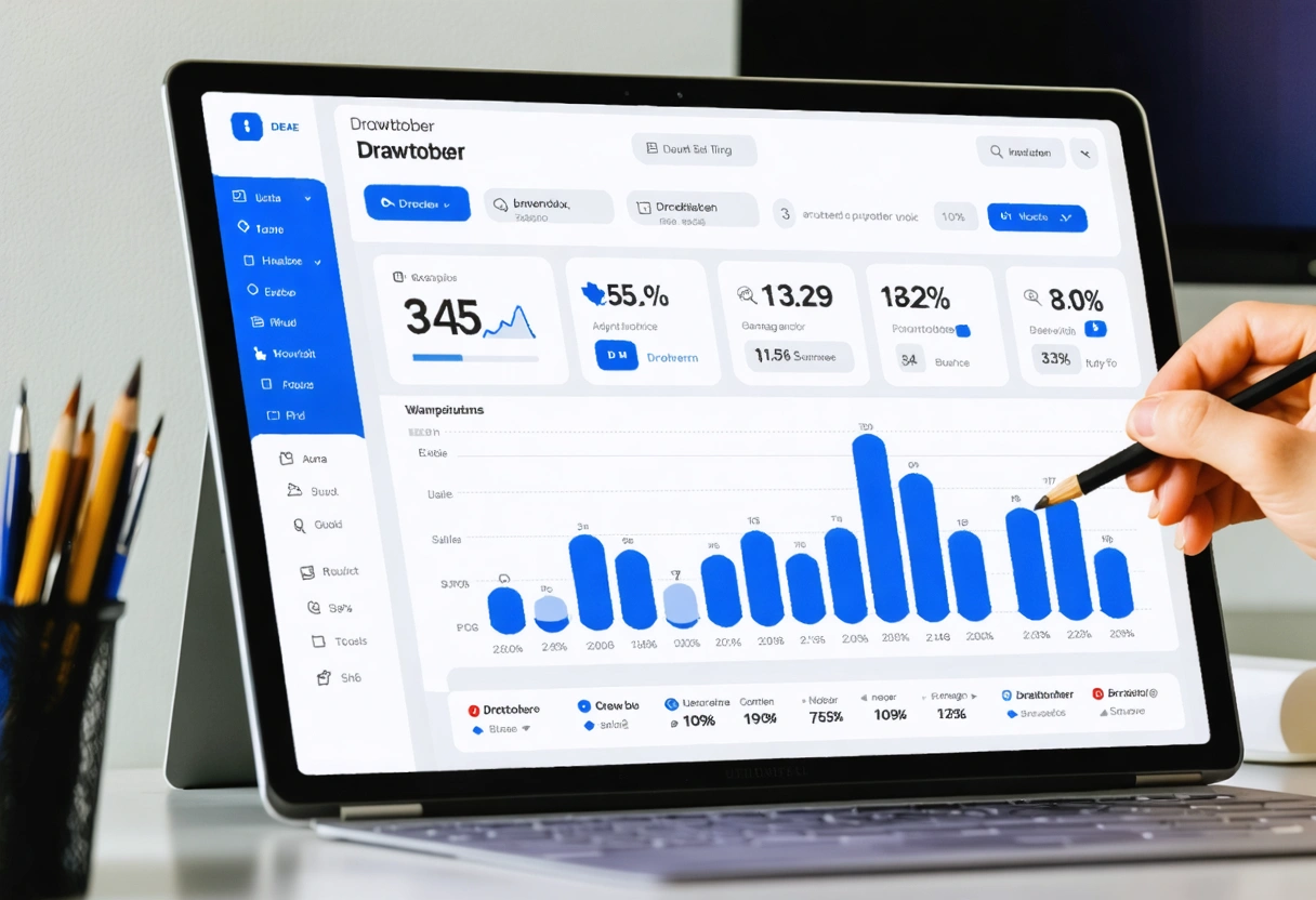 Business owner analyzing website uptime statistics on a laptop in a modern office setting.