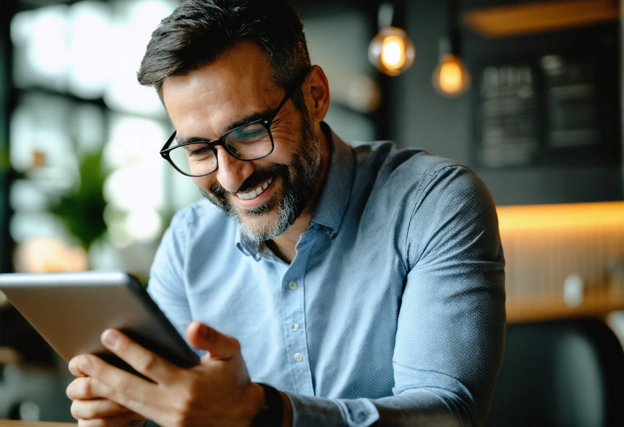 A business owner smiling while checking uptime guarantee on a tablet, cozy office setting, warm
